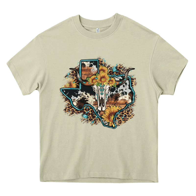 Bull Skull Leopard Cowhide Sunflower Texas Map Heavy Core Tee by Artiststas | Teevron