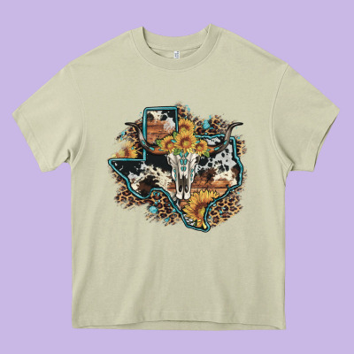 Bull Skull Leopard Cowhide Sunflower Texas Map Heavy Core Tee Designed By Artiststas