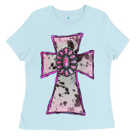 Baby Blue Cowhide Pink Gemstone Cross Ladies Tee - RanaPortraitStore