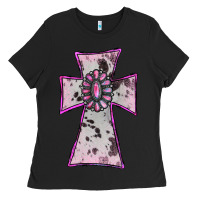 Black Cowhide Pink Gemstone Cross Ladies Tee - RanaPortraitStore