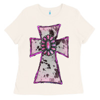 Bone Cowhide Pink Gemstone Cross Ladies Tee - RanaPortraitStore