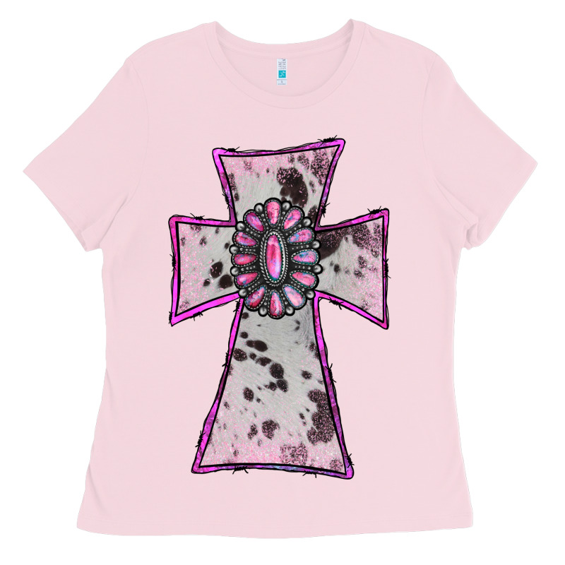 Cowhide Pink Gemstone Cross Ladies Tee by RanaPortraitStore | Teevron