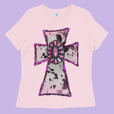 Ladies Tee Cowhide Pink Gemstone Cross