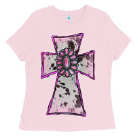 Bubblegum Pink Cowhide Pink Gemstone Cross Ladies Tee - RanaPortraitStore