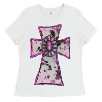 White Cowhide Pink Gemstone Cross Ladies Tee - RanaPortraitStore