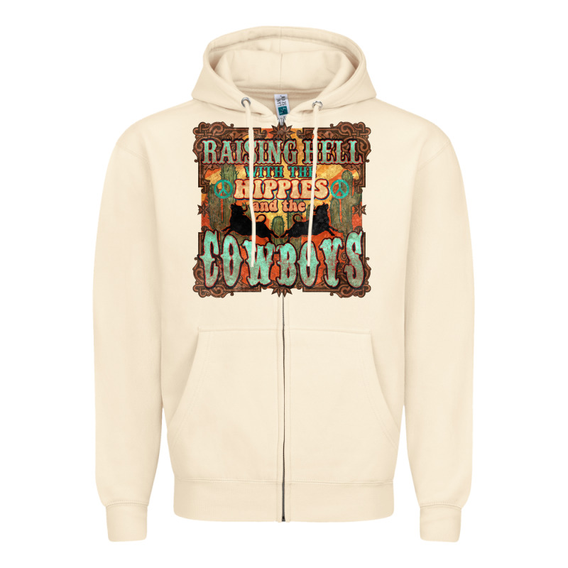 Raising Hell With The Hippies And The Cowboys Zipper Hoodie by NancyCooperArtShop | Teevron