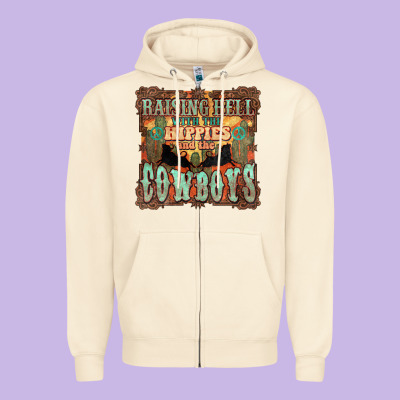 Raising Hell With The Hippies And The Cowboys Zipper Hoodie Designed By Nancycooperartshop