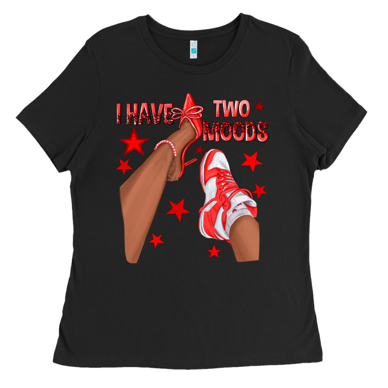 Bright Red I Have Two Moods Afro Girl Sneakers Ladies Tee by texasbilliewilder | Teevron