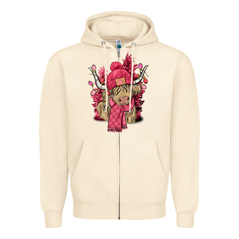 Pink Winter Long Haired Cow Zipper Hoodie by NancyCooperArtShop | Teevron