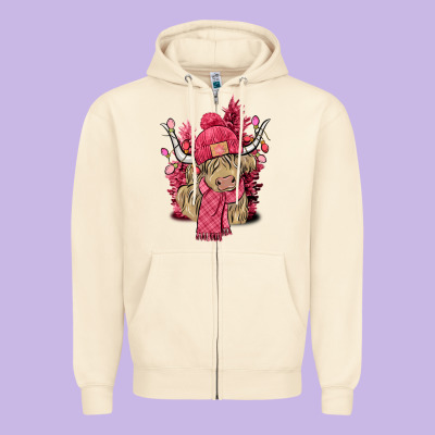 Pink Winter Long Haired Cow Zipper Hoodie Designed By Nancycooperartshop