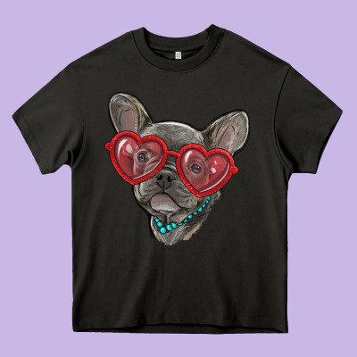 Heavy Core Tee french bulldog with love glasses