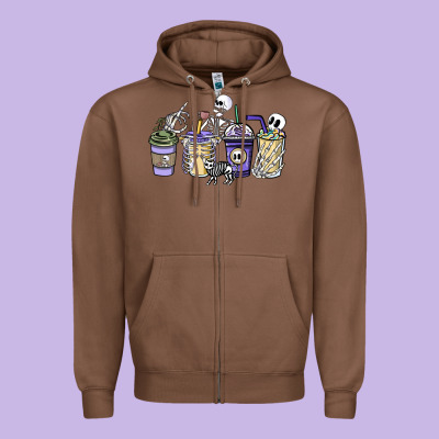 Skeleton Coffee Cups Zipper Hoodie Designed By Nancycooperartshop