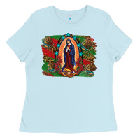 Baby Blue Mexican Flag Lady Of Guadalupe Distressed Backgrou Ladies Tee - RanaPortraitStore