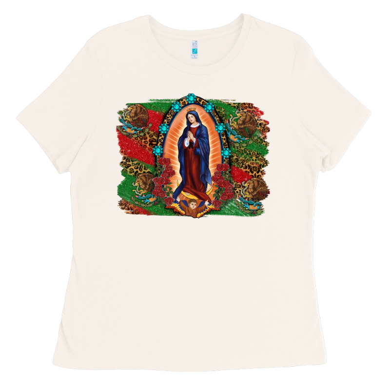 Mexican Flag Lady Of Guadalupe Distressed Backgrou Ladies Tee by RanaPortraitStore | Teevron