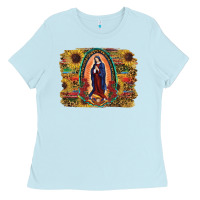 Baby Blue Sunflower Lady Of Guadalupe Distressed Background Ladies Tee - RanaPortraitStore