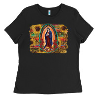 Black Sunflower Lady Of Guadalupe Distressed Background Ladies Tee - RanaPortraitStore