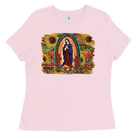Bubblegum Pink Sunflower Lady Of Guadalupe Distressed Background Ladies Tee - RanaPortraitStore