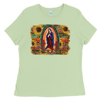 Matcha Sunflower Lady Of Guadalupe Distressed Background Ladies Tee - RanaPortraitStore