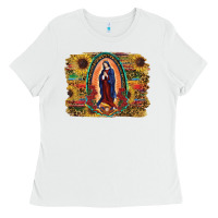 White Sunflower Lady Of Guadalupe Distressed Background Ladies Tee - RanaPortraitStore