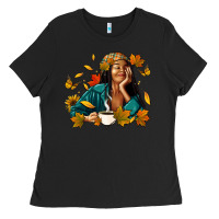 Black Fall afro woman with coffee Ladies Tee - RanaPortraitStore
