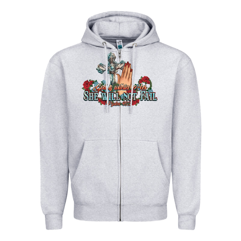 She Will Not Fail Psalm Christian Cross Pray Zipper Hoodie by NancyCooperArtShop | Teevron