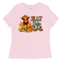 Bubblegum Pink Hay there Fall pumpkin heifer Ladies Tee - RanaPortraitStore