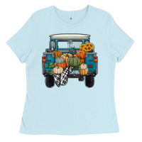 Baby Blue Fall Pumpkin Farm Truck Ladies Tee - RanaPortraitStore