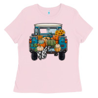 Bubblegum Pink Fall Pumpkin Farm Truck Ladies Tee - RanaPortraitStore