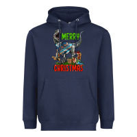Navy merry christmas velociraptor Heavyweight Hoodie - LillyAllenDesigns