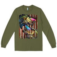 Army Green American Flag With Bass Fish Long Sleeve Tee - LillyAllenDesigns