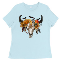 Baby Blue Halloween Bull Skull Ladies Tee - RanaPortraitStore