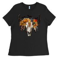 Black Halloween Bull Skull Ladies Tee - RanaPortraitStore