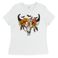 White Halloween Bull Skull Ladies Tee - RanaPortraitStore