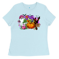 Baby Blue Halloween ghost and jack o lantern Ladies Tee - RanaPortraitStore