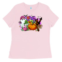 Bubblegum Pink Halloween ghost and jack o lantern Ladies Tee - RanaPortraitStore