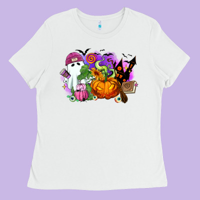 Ladies Tee Halloween ghost and jack o lantern