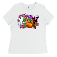 White Halloween ghost and jack o lantern Ladies Tee - RanaPortraitStore