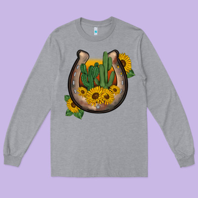 Western Horseshoe Sunflower Cactus Long Sleeve Tee Designed By Barkaloodesign