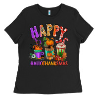 Black Happy Hallothanksmas coffee cups Ladies Tee - RanaPortraitStore