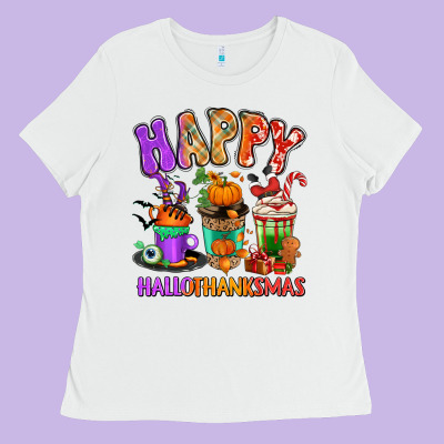 Ladies Tee Happy Hallothanksmas coffee cups