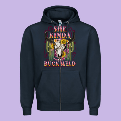 She Kinda Buck Wild With Bull Skull Zipper Hoodie Designed By Nancycooperartshop