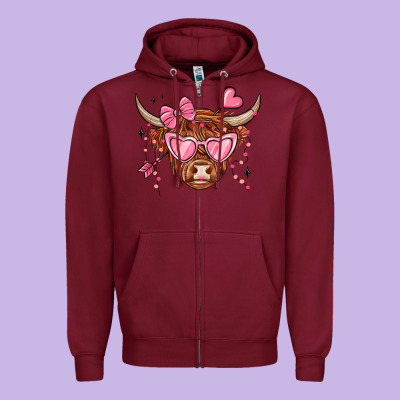 Valentines Day Long Haired Cow Zipper Hoodie Designed By Maliassmallbusiness