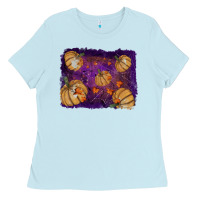 Baby Blue Halloween Pumpkin Cobweb Background Ladies Tee - RanaPortraitStore