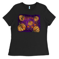 Black Halloween Pumpkin Cobweb Background Ladies Tee - RanaPortraitStore