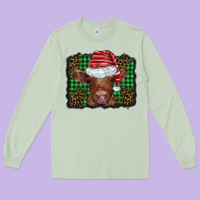 Christmas Leopard Buffalo Plaid Baby Highland Cow Long Sleeve Tee Designed By Barkaloodesign