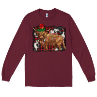 Burgundy christmas highland cow Long Sleeve Tee - BarkalooDesign