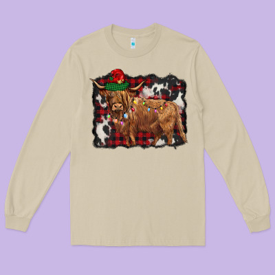 Christmas Highland Cow Long Sleeve Tee Designed By Barkaloodesign