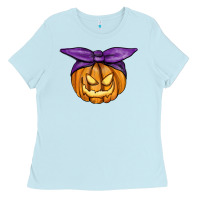 Baby Blue Jack O' Lantern Halloween Pumpkin Ladies Tee - RanaPortraitStore