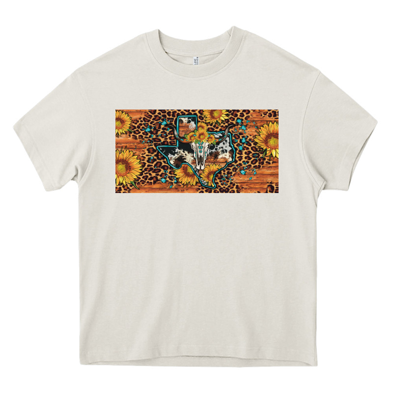 Texas Map Bull Skull Sunflower Leopard Licence Plate Heavy Core Tee by Artiststas | Teevron