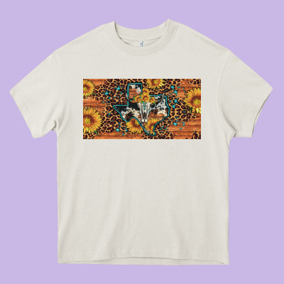 Texas Map Bull Skull Sunflower Leopard Licence Plate Heavy Core Tee Designed By Artiststas